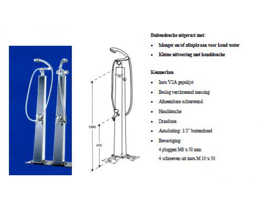 Buitendouche inox - handdouche - met menger en aftapkraan