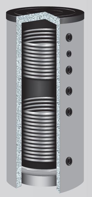 Buffervat met 2 warmtewisselaars - aansluitingen 180°